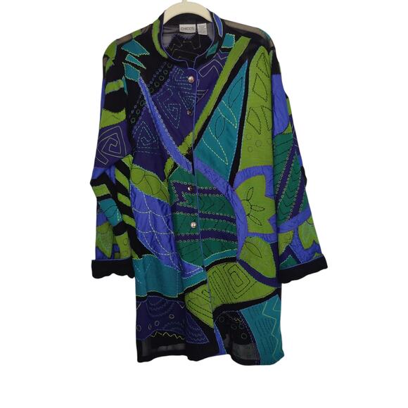 Vintage Chico's Women's Sz 2 (L) Green Blue Silk Jacket Geometric Art to Wear - Picture 1 of 7